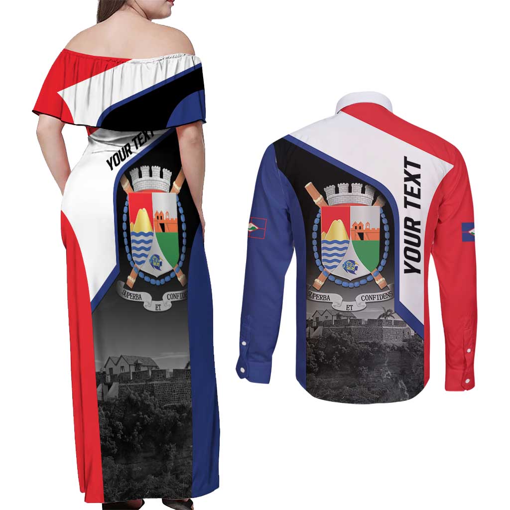 Caribbean Sint Maarten Personalized Couples Matching Off Shoulder Maxi Dress and Long Sleeve Button Shirt Brown Pelican - Wonder Print Shop