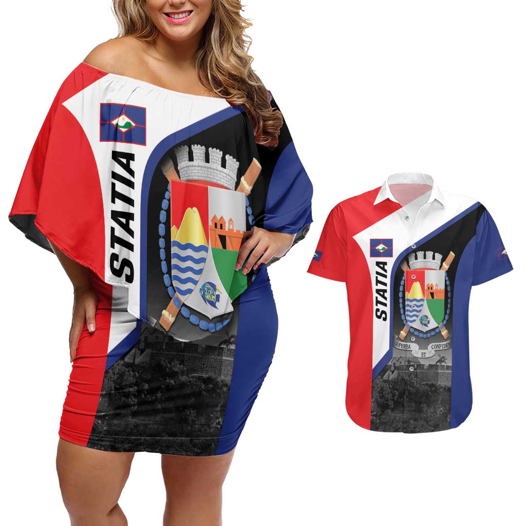 Caribbean Sint Maarten Personalized Couples Matching Off Shoulder Short Dress and Hawaiian Shirt Brown Pelican - Wonder Print Shop