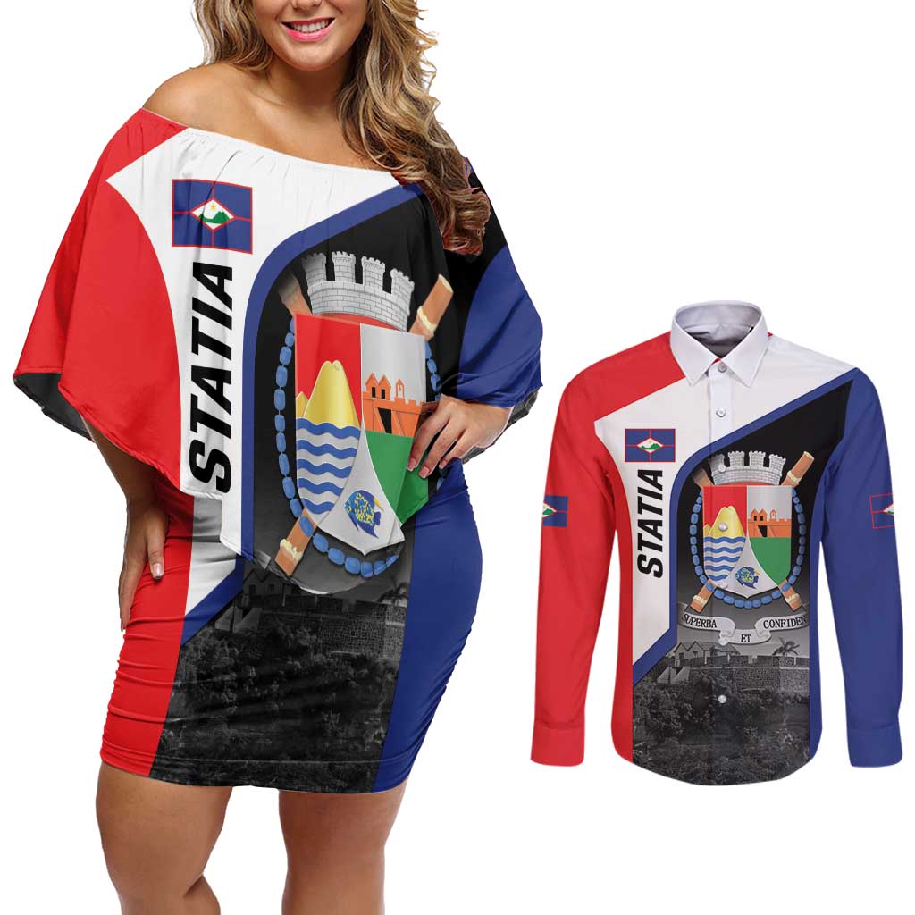 Caribbean Sint Maarten Personalized Couples Matching Off Shoulder Short Dress and Long Sleeve Button Shirt Brown Pelican - Wonder Print Shop