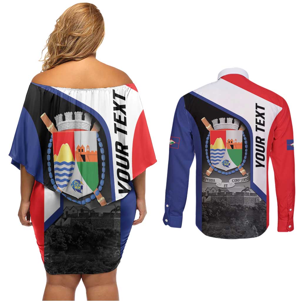 Caribbean Sint Maarten Personalized Couples Matching Off Shoulder Short Dress and Long Sleeve Button Shirt Brown Pelican - Wonder Print Shop