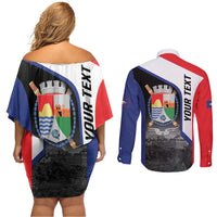 Caribbean Sint Maarten Personalized Couples Matching Off Shoulder Short Dress and Long Sleeve Button Shirt Brown Pelican - Wonder Print Shop