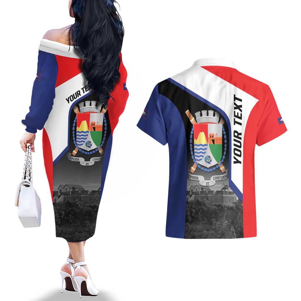 Caribbean Sint Maarten Personalized Couples Matching Off The Shoulder Long Sleeve Dress and Hawaiian Shirt Brown Pelican - Wonder Print Shop