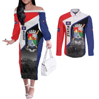 Caribbean Sint Maarten Personalized Couples Matching Off The Shoulder Long Sleeve Dress and Long Sleeve Button Shirt Brown Pelican - Wonder Print Shop