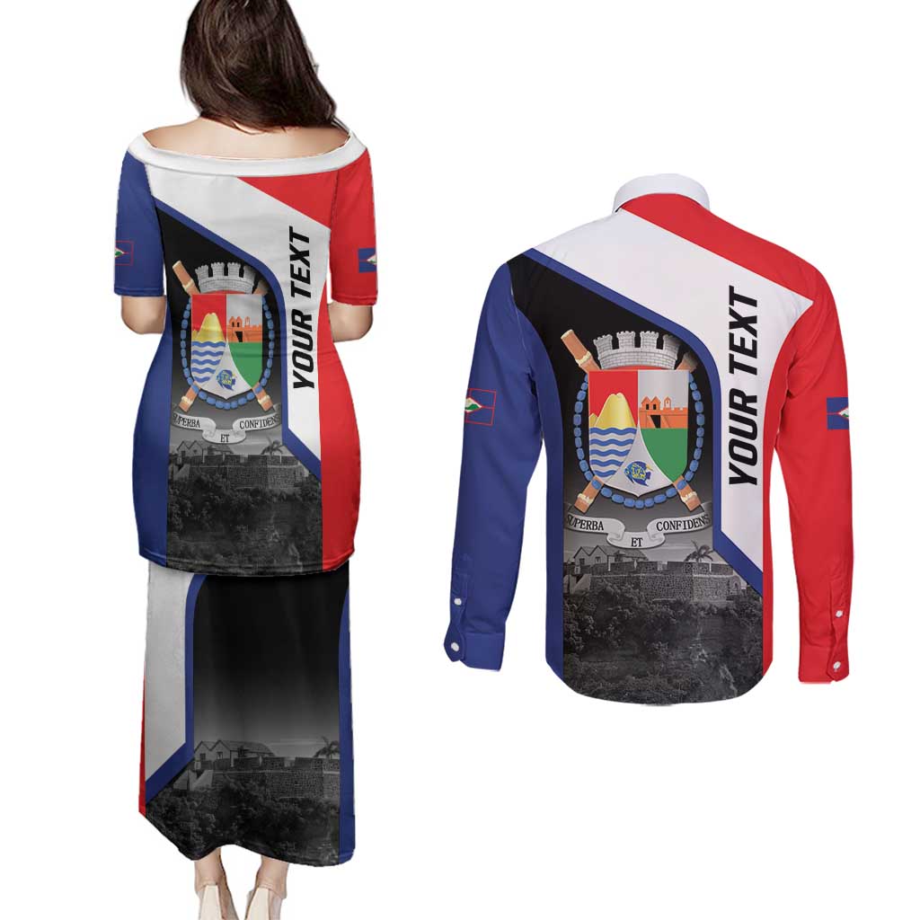 Caribbean Sint Maarten Personalized Couples Matching Puletasi and Long Sleeve Button Shirt Brown Pelican - Wonder Print Shop