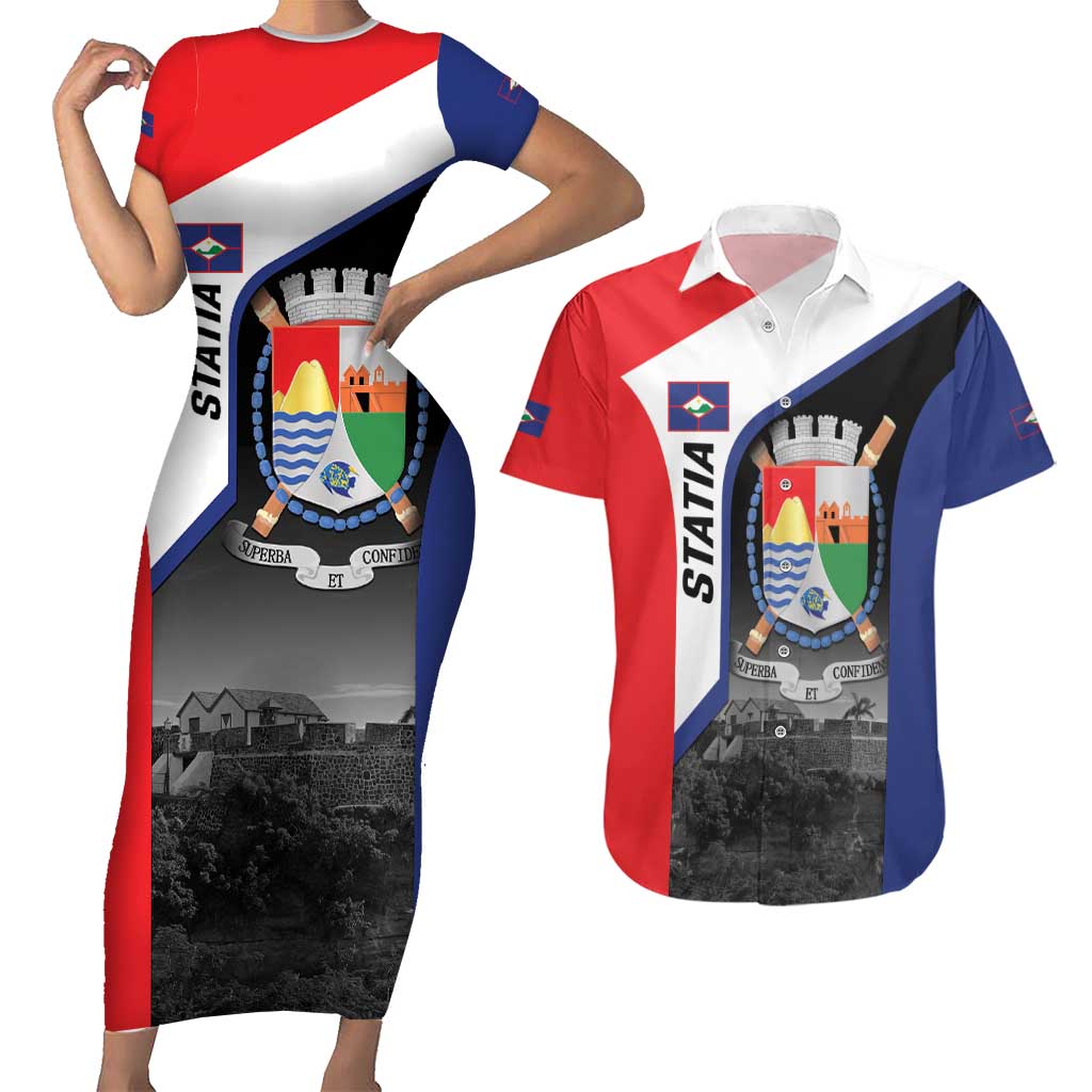 Caribbean Sint Maarten Personalized Couples Matching Short Sleeve Bodycon Dress and Hawaiian Shirt Brown Pelican - Wonder Print Shop