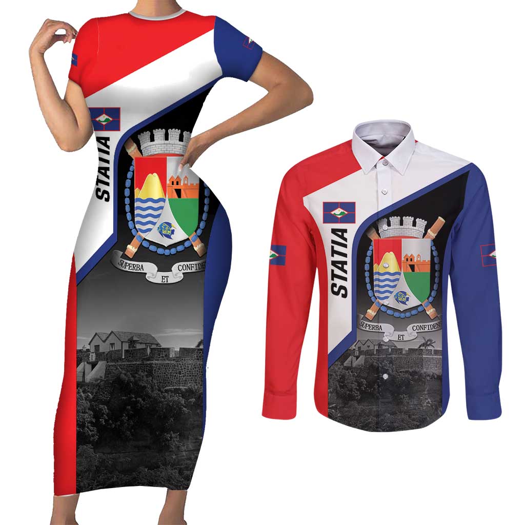 Caribbean Sint Maarten Personalized Couples Matching Short Sleeve Bodycon Dress and Long Sleeve Button Shirt Brown Pelican - Wonder Print Shop