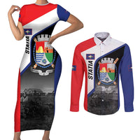 Caribbean Sint Maarten Personalized Couples Matching Short Sleeve Bodycon Dress and Long Sleeve Button Shirt Brown Pelican - Wonder Print Shop