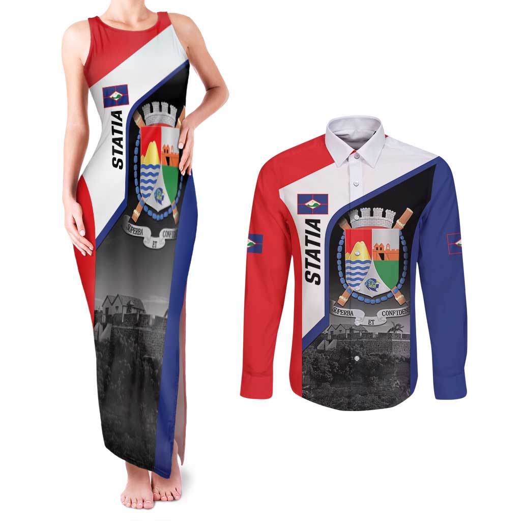 Caribbean Sint Maarten Personalized Couples Matching Tank Maxi Dress and Long Sleeve Button Shirt Brown Pelican - Wonder Print Shop