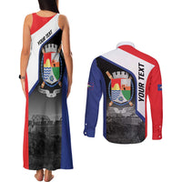 Caribbean Sint Maarten Personalized Couples Matching Tank Maxi Dress and Long Sleeve Button Shirt Brown Pelican - Wonder Print Shop