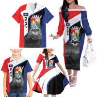 Caribbean Sint Maarten Personalized Family Matching Off The Shoulder Long Sleeve Dress and Hawaiian Shirt Brown Pelican - Wonder Print Shop