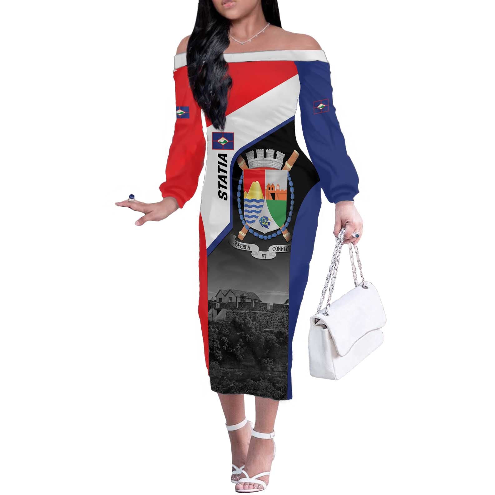 Caribbean Sint Maarten Personalized Off The Shoulder Long Sleeve Dress Brown Pelican - Wonder Print Shop