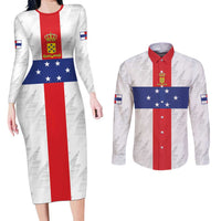 Personalized Nederlandse Antillen 1959-1986 Couples Matching Long Sleeve Bodycon Dress and Long Sleeve Button Shirt Simple Flag Style - Wonder Print Shop