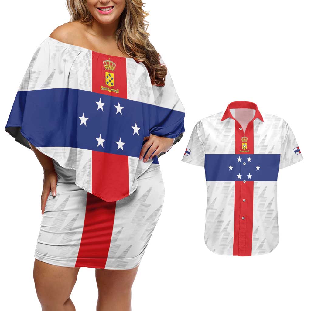 Personalized Nederlandse Antillen 1959-1986 Couples Matching Off Shoulder Short Dress and Hawaiian Shirt Simple Flag Style - Wonder Print Shop