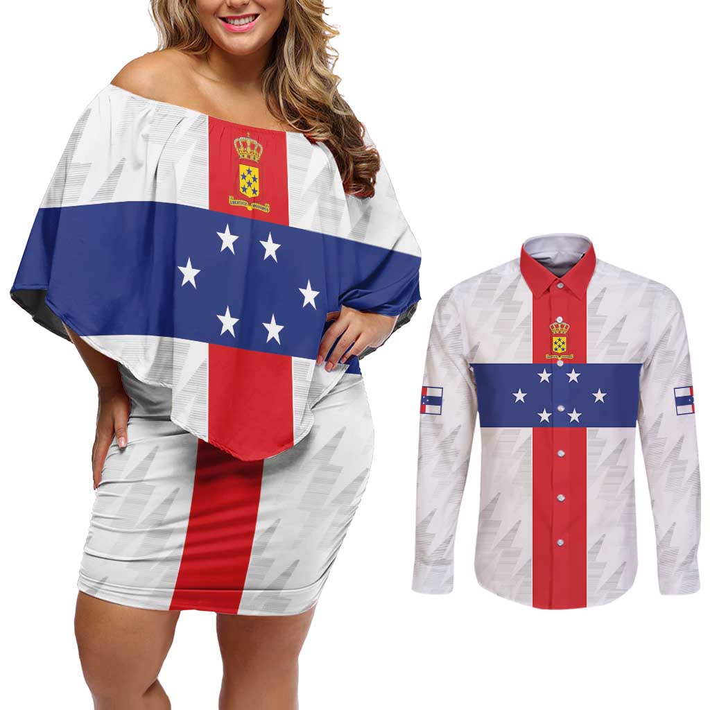 Personalized Nederlandse Antillen 1959-1986 Couples Matching Off Shoulder Short Dress and Long Sleeve Button Shirt Simple Flag Style - Wonder Print Shop