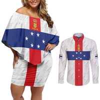 Personalized Nederlandse Antillen 1959-1986 Couples Matching Off Shoulder Short Dress and Long Sleeve Button Shirt Simple Flag Style - Wonder Print Shop