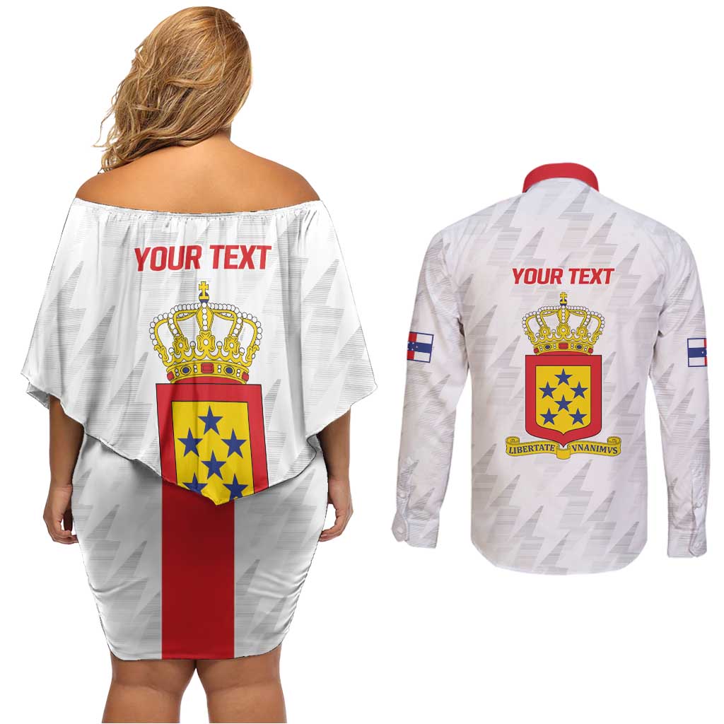 Personalized Nederlandse Antillen 1959-1986 Couples Matching Off Shoulder Short Dress and Long Sleeve Button Shirt Simple Flag Style - Wonder Print Shop