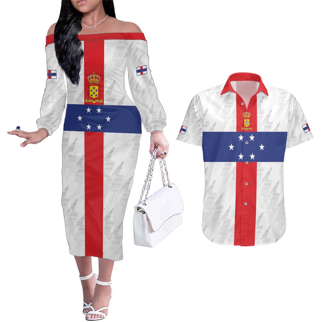 Personalized Nederlandse Antillen 1959-1986 Couples Matching Off The Shoulder Long Sleeve Dress and Hawaiian Shirt Simple Flag Style - Wonder Print Shop