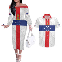 Personalized Nederlandse Antillen 1959-1986 Couples Matching Off The Shoulder Long Sleeve Dress and Hawaiian Shirt Simple Flag Style - Wonder Print Shop