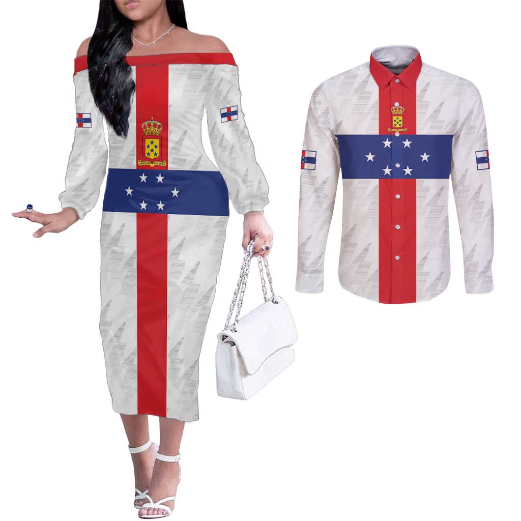 Personalized Nederlandse Antillen 1959-1986 Couples Matching Off The Shoulder Long Sleeve Dress and Long Sleeve Button Shirt Simple Flag Style - Wonder Print Shop