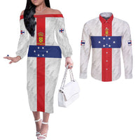 Personalized Nederlandse Antillen 1959-1986 Couples Matching Off The Shoulder Long Sleeve Dress and Long Sleeve Button Shirt Simple Flag Style - Wonder Print Shop