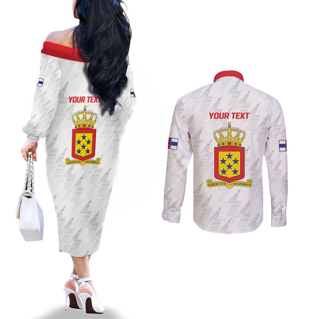 Personalized Nederlandse Antillen 1959-1986 Couples Matching Off The Shoulder Long Sleeve Dress and Long Sleeve Button Shirt Simple Flag Style - Wonder Print Shop