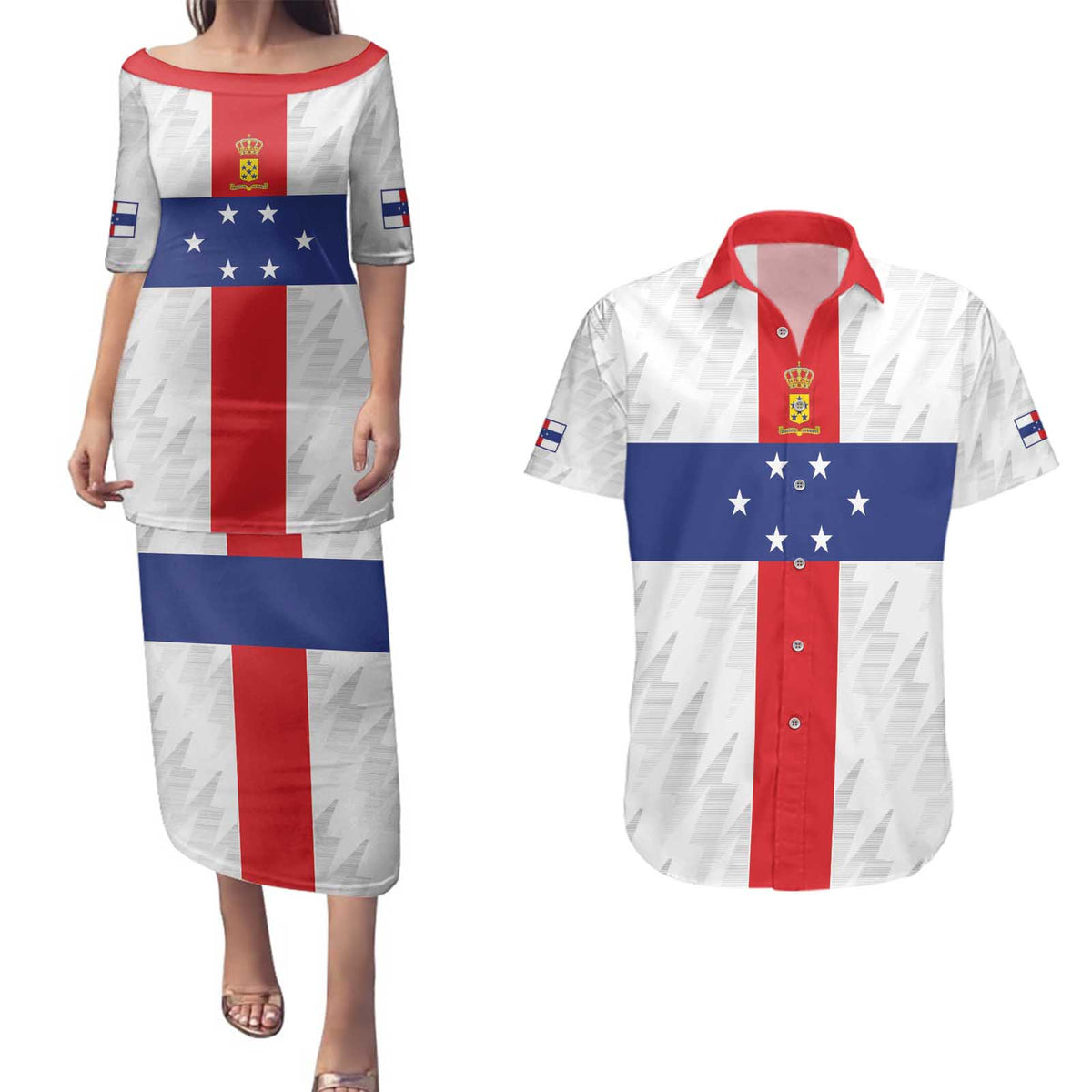 Personalized Nederlandse Antillen 1959-1986 Couples Matching Puletasi and Hawaiian Shirt Simple Flag Style - Wonder Print Shop