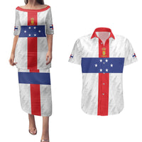 Personalized Nederlandse Antillen 1959-1986 Couples Matching Puletasi and Hawaiian Shirt Simple Flag Style - Wonder Print Shop
