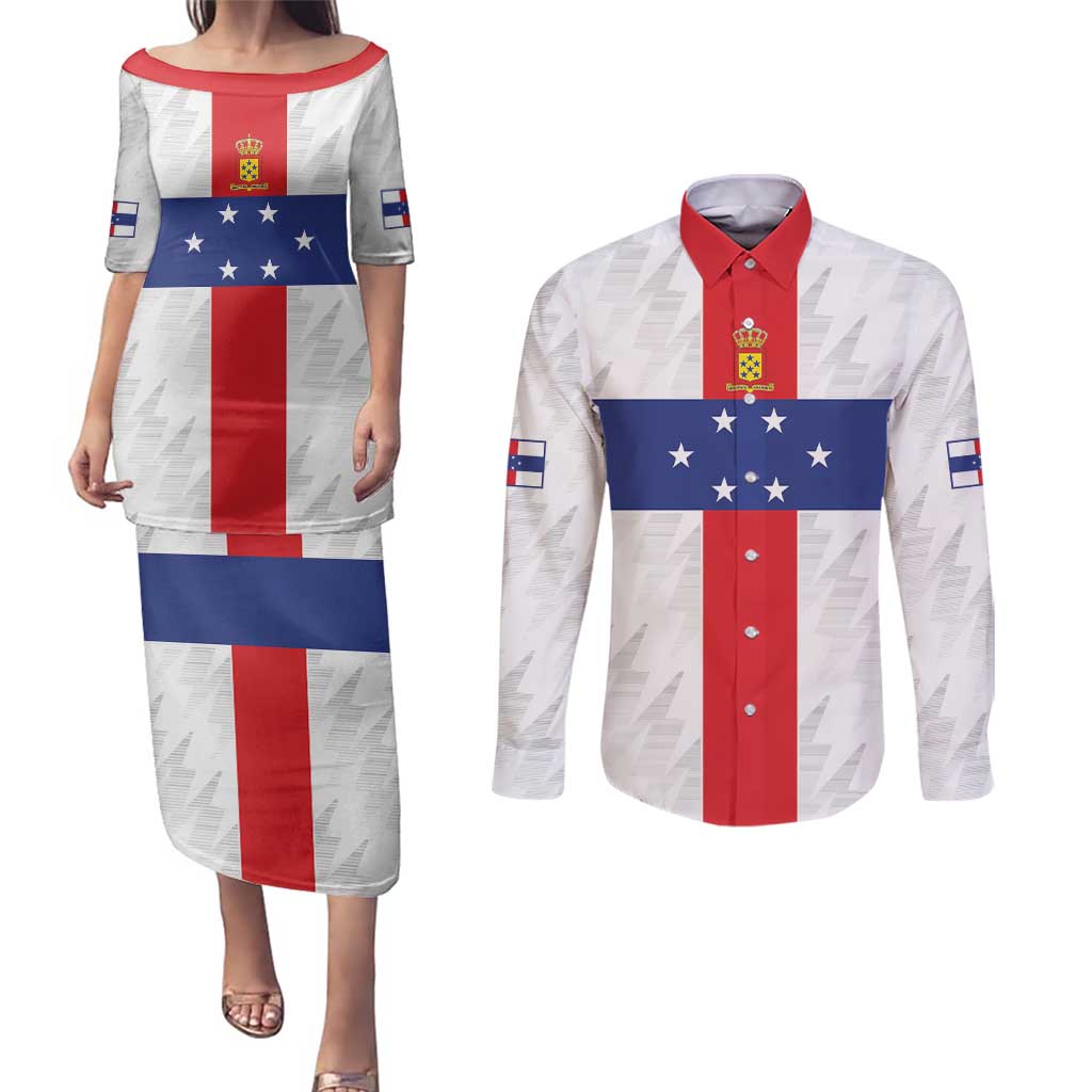 Personalized Nederlandse Antillen 1959-1986 Couples Matching Puletasi and Long Sleeve Button Shirt Simple Flag Style - Wonder Print Shop