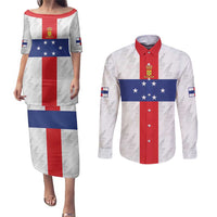 Personalized Nederlandse Antillen 1959-1986 Couples Matching Puletasi and Long Sleeve Button Shirt Simple Flag Style - Wonder Print Shop
