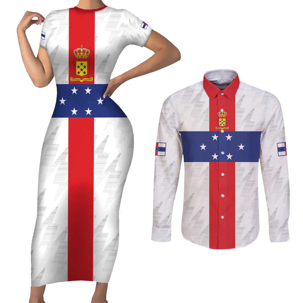 Personalized Nederlandse Antillen 1959-1986 Couples Matching Short Sleeve Bodycon Dress and Long Sleeve Button Shirt Simple Flag Style - Wonder Print Shop