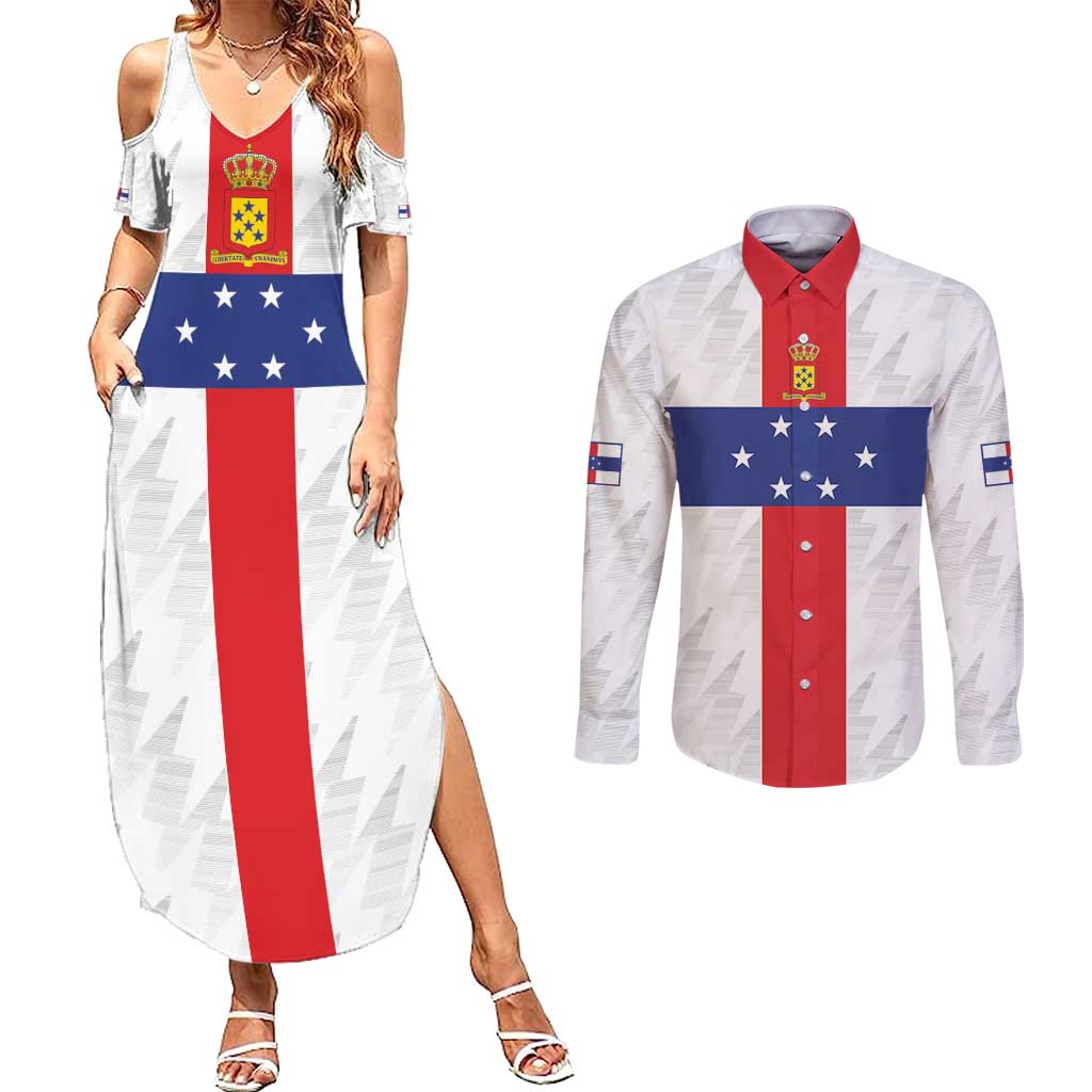 Personalized Nederlandse Antillen 1959-1986 Couples Matching Summer Maxi Dress and Long Sleeve Button Shirt Simple Flag Style - Wonder Print Shop