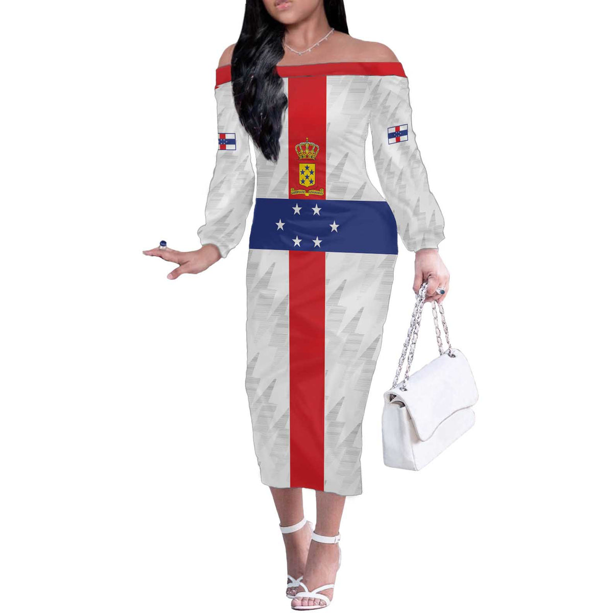 Personalized Nederlandse Antillen 1959-1986 Off The Shoulder Long Sleeve Dress Simple Flag Style - Wonder Print Shop