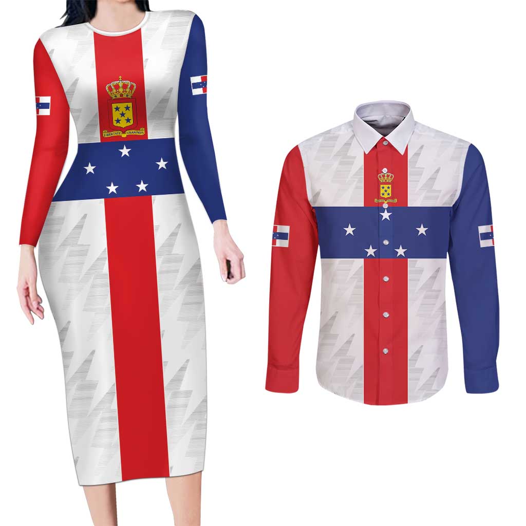 Personalized Nederlandse Antillen 1986-2010 Couples Matching Long Sleeve Bodycon Dress and Long Sleeve Button Shirt Simple Flag Style - Wonder Print Shop