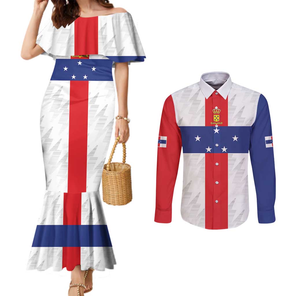 Personalized Nederlandse Antillen 1986-2010 Couples Matching Mermaid Dress and Long Sleeve Button Shirt Simple Flag Style - Wonder Print Shop