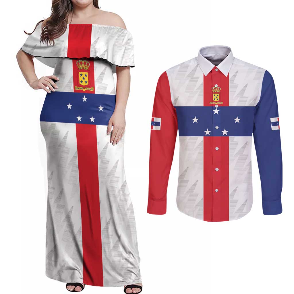 Personalized Nederlandse Antillen 1986-2010 Couples Matching Off Shoulder Maxi Dress and Long Sleeve Button Shirt Simple Flag Style - Wonder Print Shop