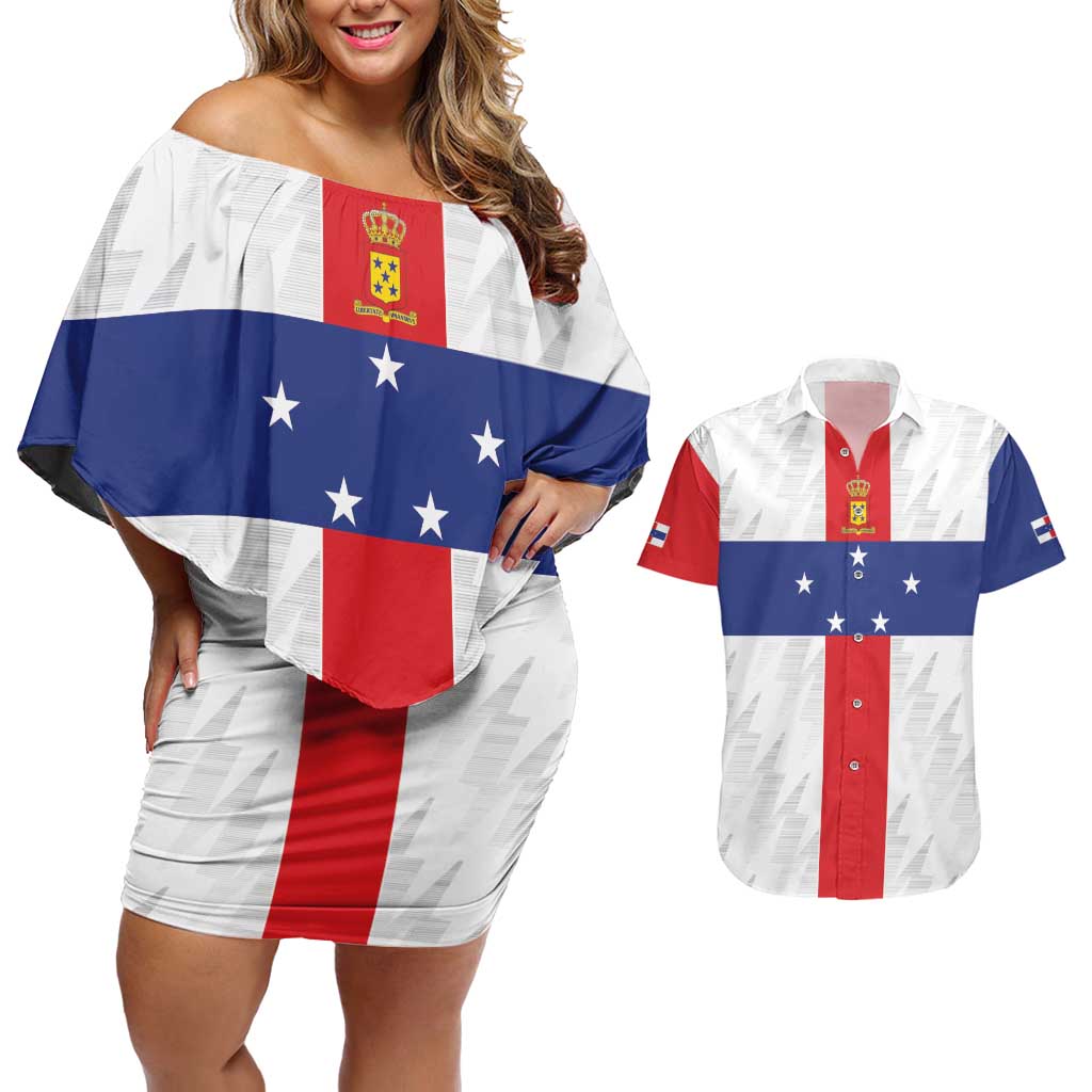 Personalized Nederlandse Antillen 1986-2010 Couples Matching Off Shoulder Short Dress and Hawaiian Shirt Simple Flag Style - Wonder Print Shop