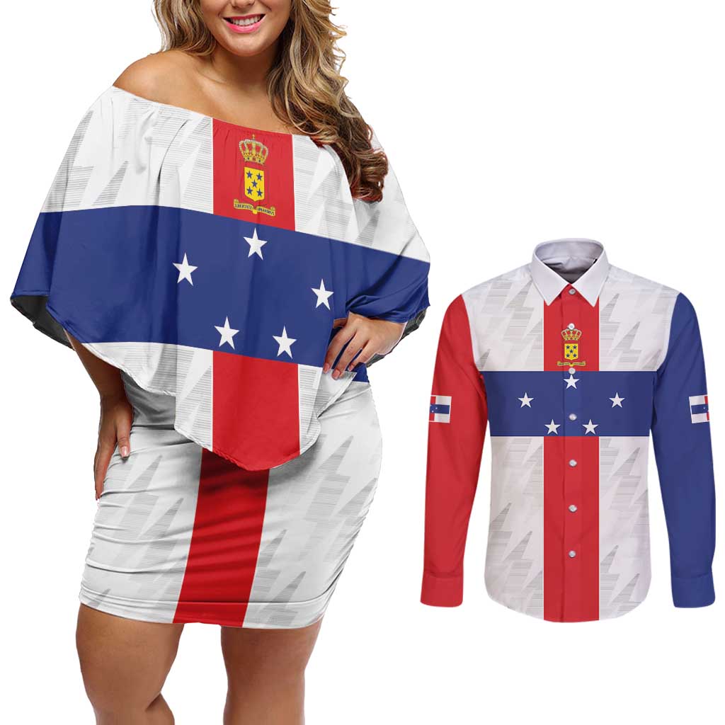 Personalized Nederlandse Antillen 1986-2010 Couples Matching Off Shoulder Short Dress and Long Sleeve Button Shirt Simple Flag Style - Wonder Print Shop
