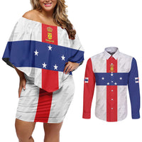 Personalized Nederlandse Antillen 1986-2010 Couples Matching Off Shoulder Short Dress and Long Sleeve Button Shirt Simple Flag Style - Wonder Print Shop