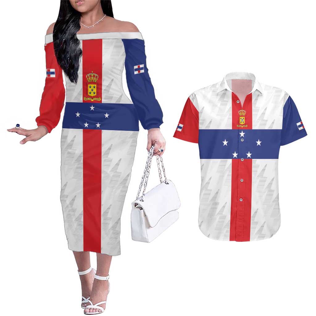 Personalized Nederlandse Antillen 1986-2010 Couples Matching Off The Shoulder Long Sleeve Dress and Hawaiian Shirt Simple Flag Style - Wonder Print Shop