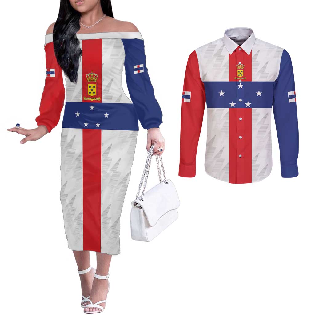 Personalized Nederlandse Antillen 1986-2010 Couples Matching Off The Shoulder Long Sleeve Dress and Long Sleeve Button Shirt Simple Flag Style - Wonder Print Shop