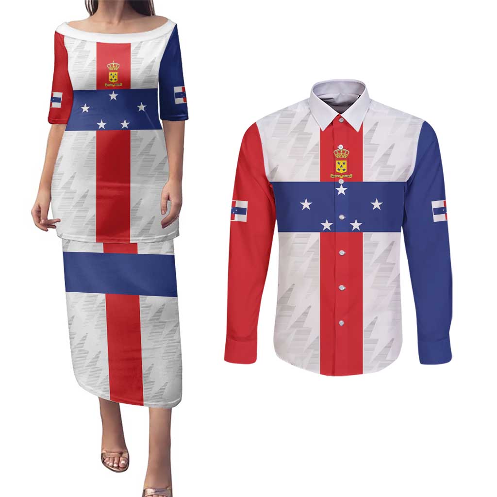Personalized Nederlandse Antillen 1986-2010 Couples Matching Puletasi and Long Sleeve Button Shirt Simple Flag Style - Wonder Print Shop