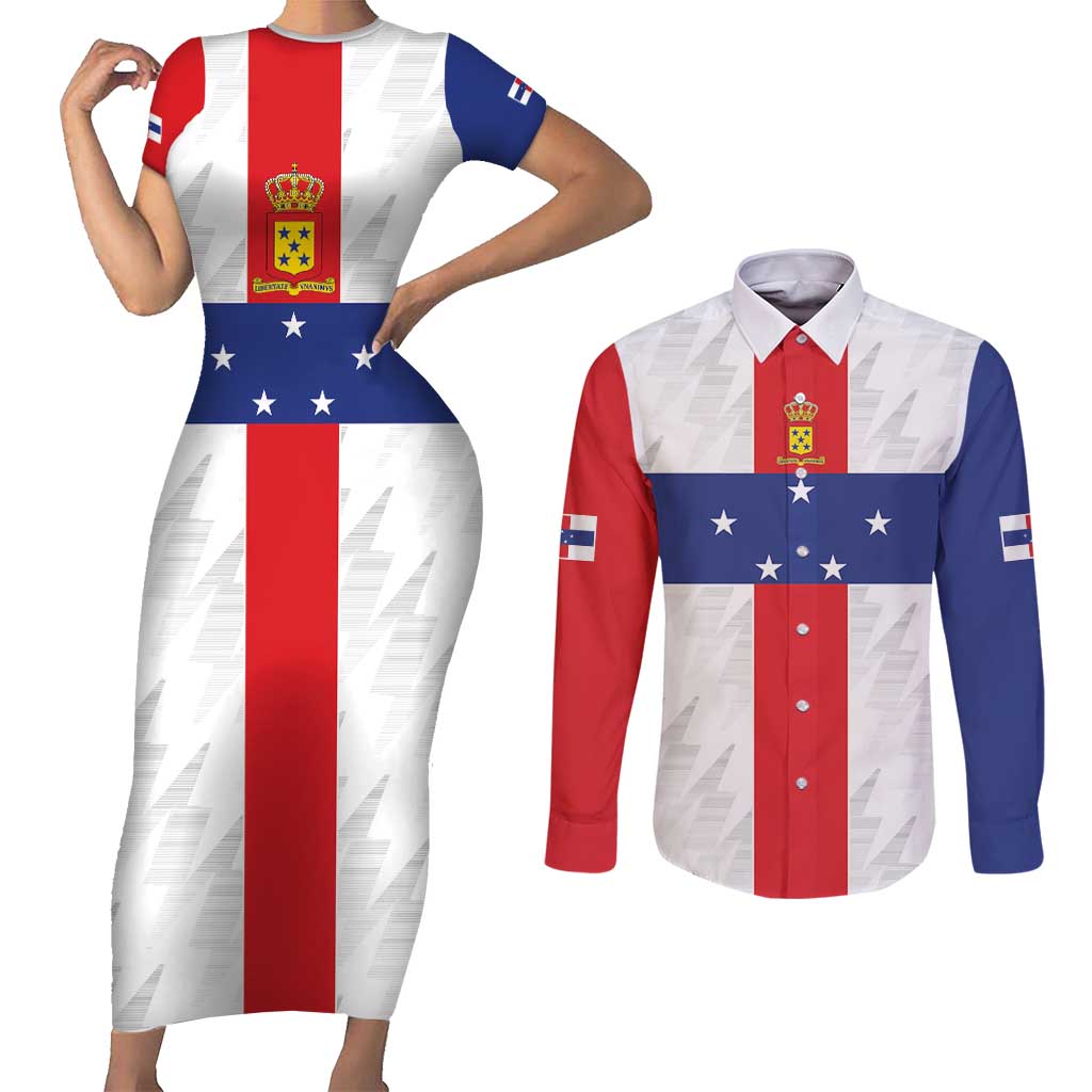 Personalized Nederlandse Antillen 1986-2010 Couples Matching Short Sleeve Bodycon Dress and Long Sleeve Button Shirt Simple Flag Style - Wonder Print Shop