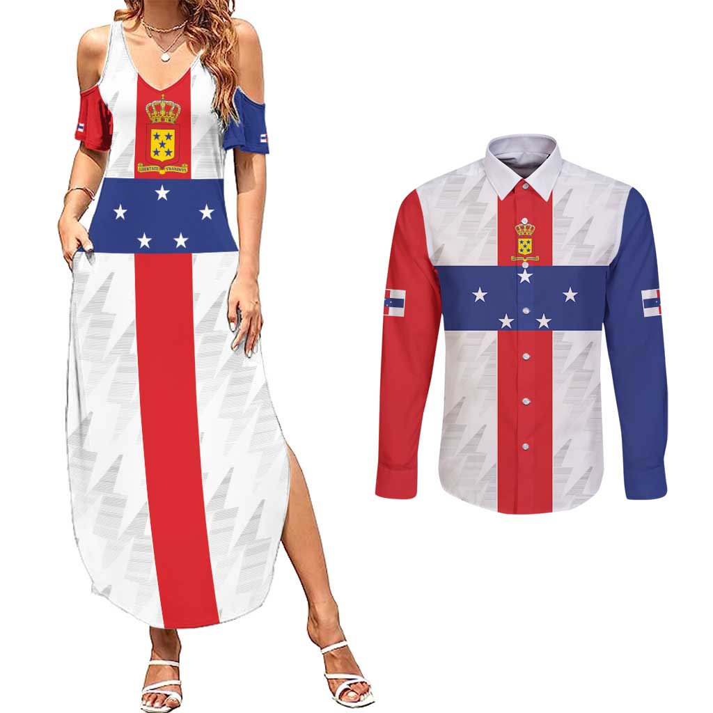 Personalized Nederlandse Antillen 1986-2010 Couples Matching Summer Maxi Dress and Long Sleeve Button Shirt Simple Flag Style - Wonder Print Shop