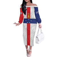 Personalized Nederlandse Antillen 1986-2010 Off The Shoulder Long Sleeve Dress Simple Flag Style - Wonder Print Shop