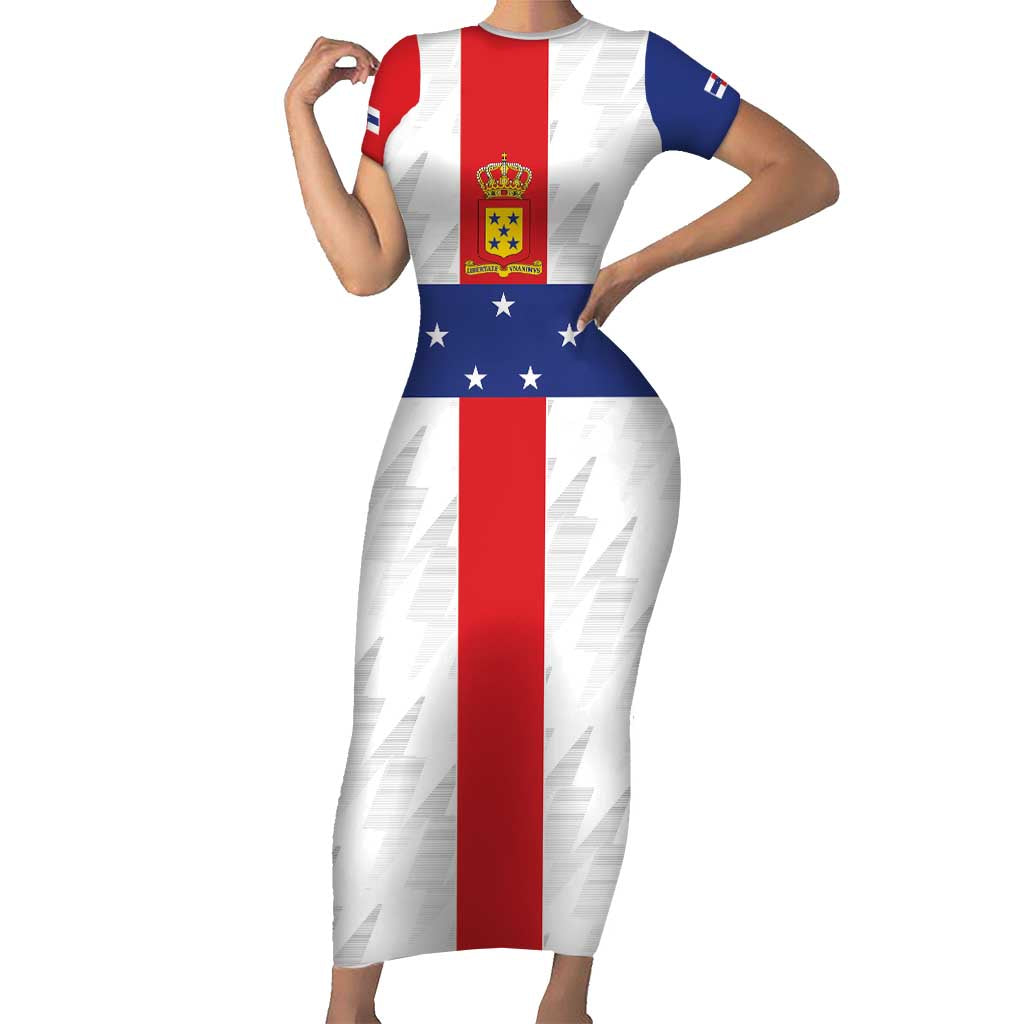 Personalized Nederlandse Antillen 1986-2010 Short Sleeve Bodycon Dress Simple Flag Style - Wonder Print Shop