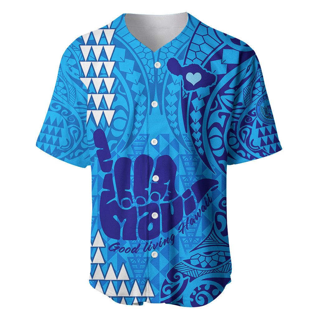 Strong Maui Baseball Jersey Good Living Hawaii with Shaka Sign Kakau Tribal Blue LT9 - Wonder Print Shop