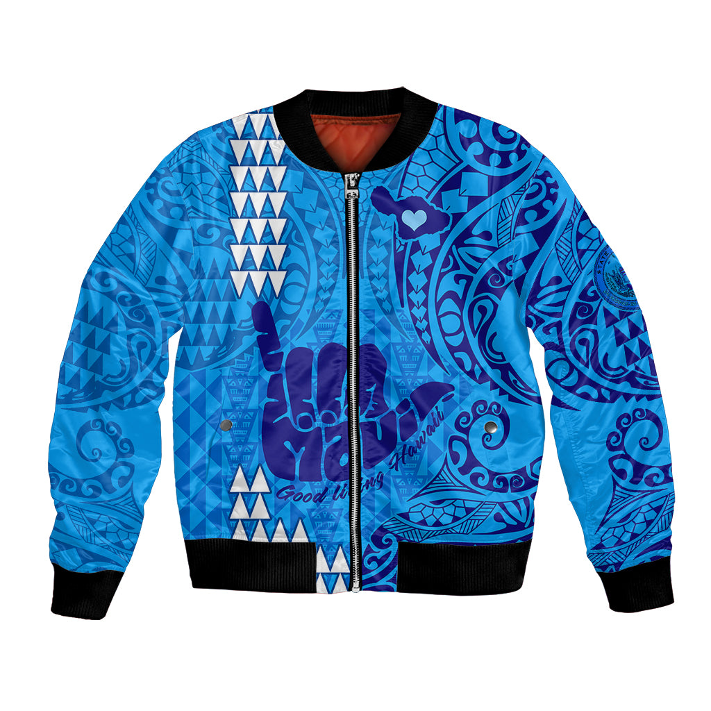 Strong Maui Bomber Jacket Good Living Hawaii with Shaka Sign Kakau Tribal Blue LT9 - Wonder Print Shop