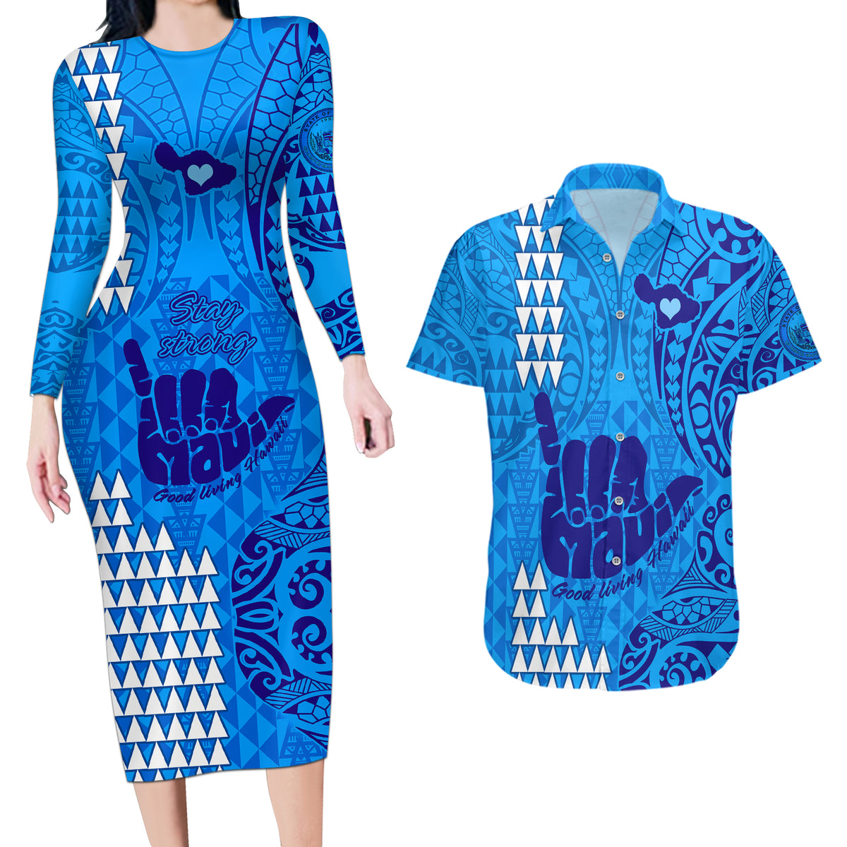 Strong Maui Couples Matching Long Sleeve Bodycon Dress and Hawaiian Shirt Good Living Hawaii with Shaka Sign Kakau Tribal Blue LT9 - Wonder Print Shop