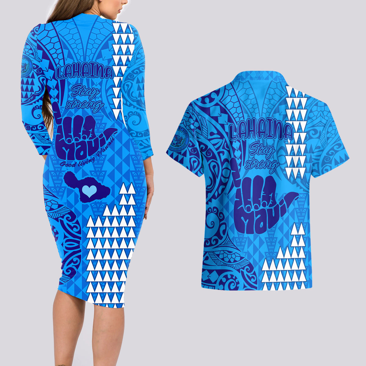 Strong Maui Couples Matching Long Sleeve Bodycon Dress and Hawaiian Shirt Good Living Hawaii with Shaka Sign Kakau Tribal Blue LT9 - Wonder Print Shop