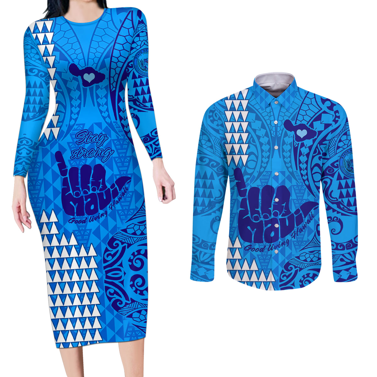 Strong Maui Couples Matching Long Sleeve Bodycon Dress and Long Sleeve Button Shirts Good Living Hawaii with Shaka Sign Kakau Tribal Blue LT9 - Wonder Print Shop